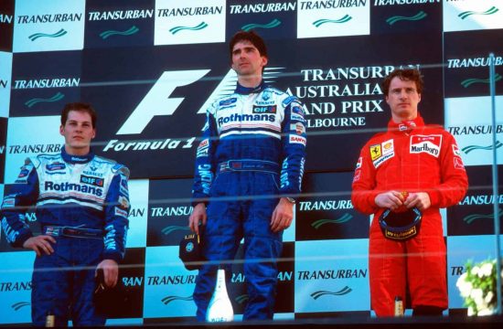 Damon-Hill-and-Jacques-Villeneuve-Williams-FW18-Eddie-Irvine-Ferrari-Australian-GP-F1-1996-podium-Photo-Williams